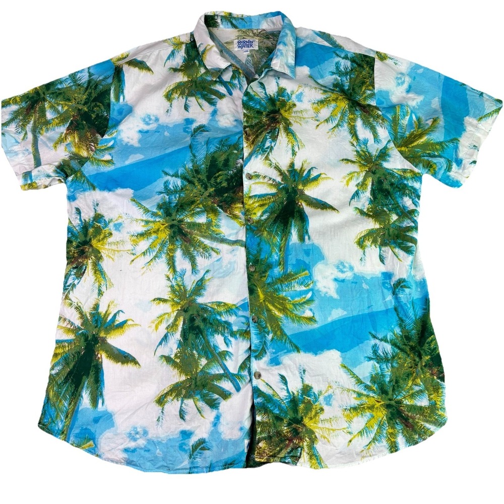 VINTAGE Burnin Water Hawaiian Shirt Mens XXL Blue Palms Button Down Short Sleeve